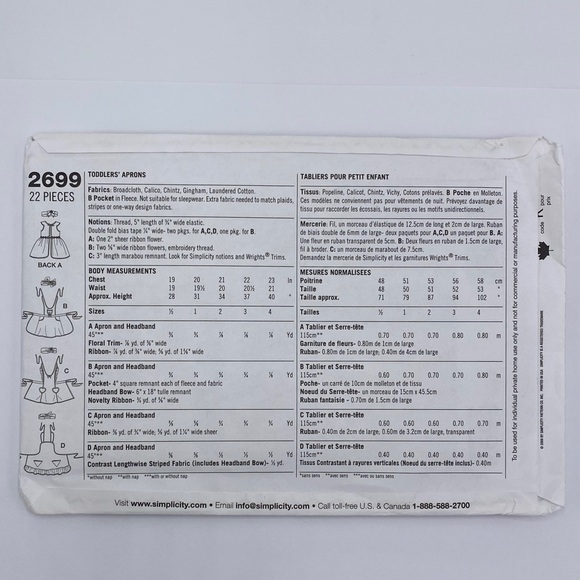 Simplicity 2699 Toddlers Aprons Sewing Patterns - Picture 3 of 6